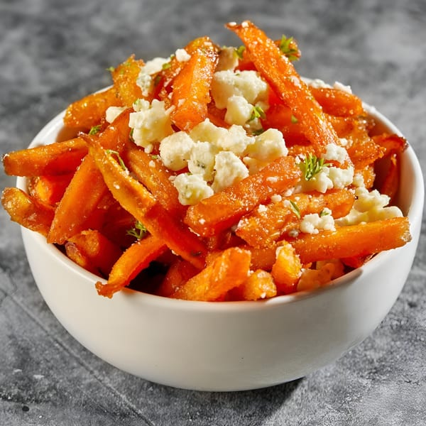 A white bowl filled with sweet potato fries, topped with crumbled feta cheese and herbs.