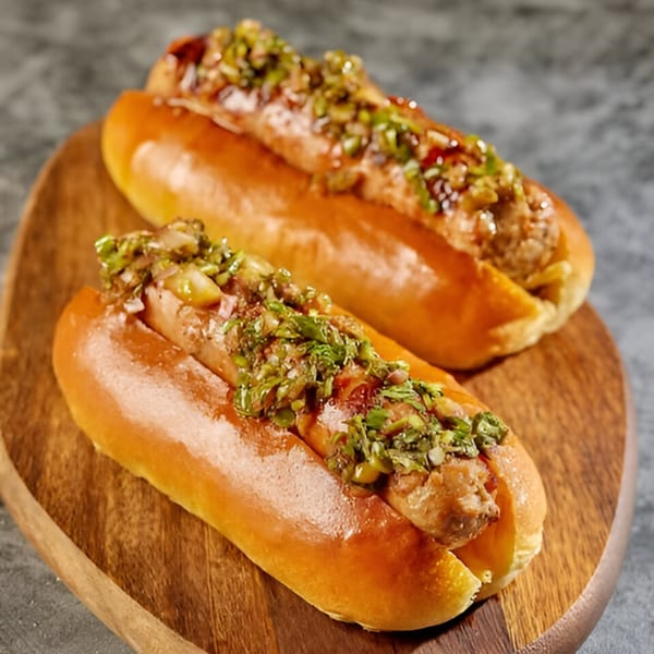 Two gourmet hot dogs with green relish and sauce on a wooden serving board.