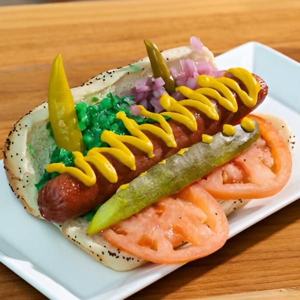 Gutenburg hot dog with mustard, green relish, onions, tomatoes, and peppers on a poppy seed bun.
